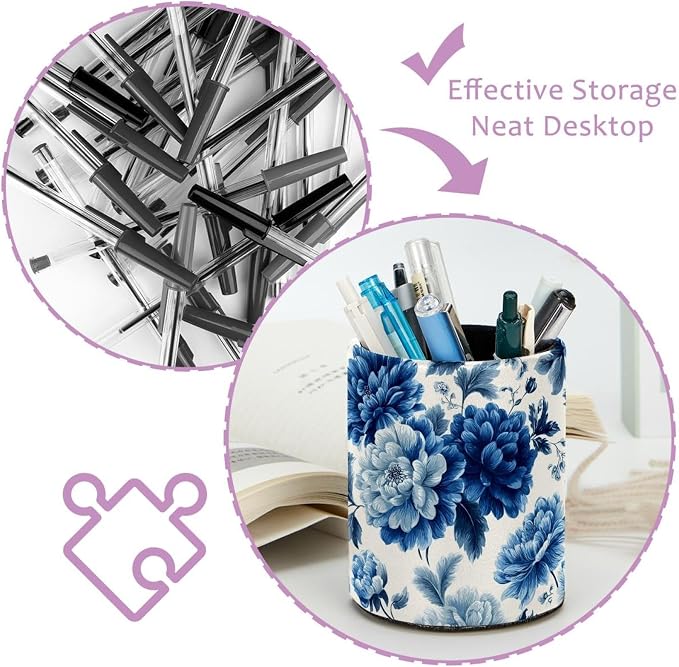Faux Leather Pen Holder for Desk, Pencil Organizer Blue Flowers Pen Cup Desk Decor Makeup Brush Holder Storage for Office Home