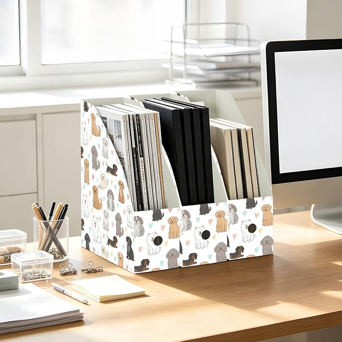 SPRIPORT Cute Pets Dogs Hearts Pattern Water Resistant PP Magazine File Holder Organizer for Desk, Foldable Storage Rack for School Office Library Document Sorter with Labels 23x30x10cm (3 Pack)