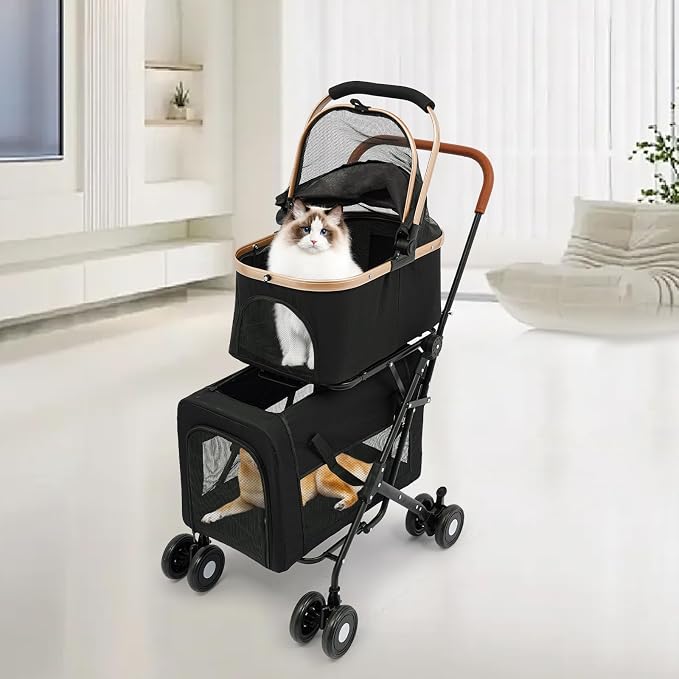 Pet Stroller for Small Medium Dogs Up to 77lbs, Folding Pet Carriage Cart for Dogs Cats, 360° Swivel Front Wheels Portable Cat Puppy Jogging Stroller with Storage Pocket & Safety Lock