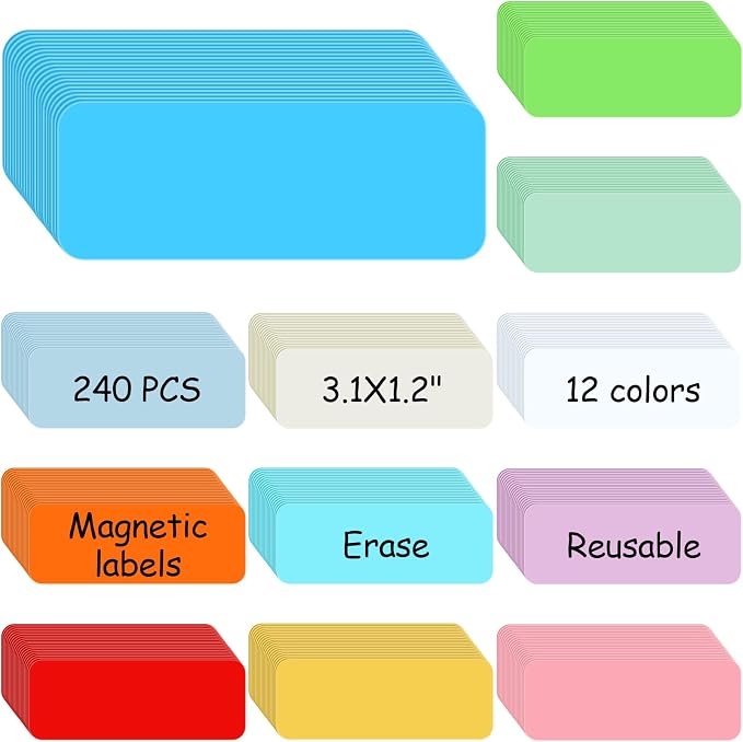 Ctosree 240 Pcs Dry Erase Magnetic Labels 3.2'' x 1.2" Reusable Magnetic Name Tags Blank Name Magnets Colorful Tag Stickers Strips for Whiteboard Locker School Office(Bright Color)