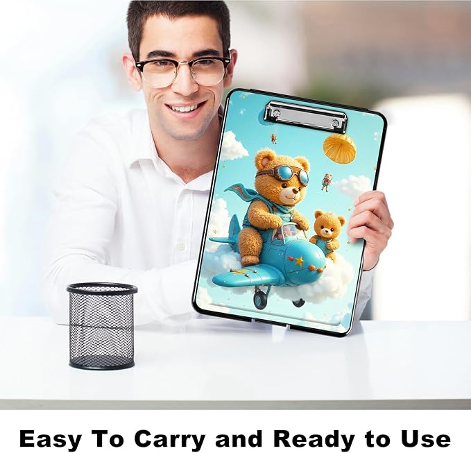 Heavy Duty Storage Clipboard, Slim Nursing Clipboard with Internal Pen Case, Portable File Organizer Case for A4 Letter Size Paper Office Medical Professionals, Airplane Bear