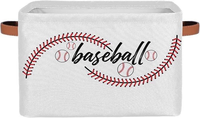 AUUXVA Storage Basket Baseball Stitches Storage Cube Box Sport Baseball Basket Softball Canvas Collapsible Toy Storage Bin Shelf Kids Gift Basket with Handles, 1Pc