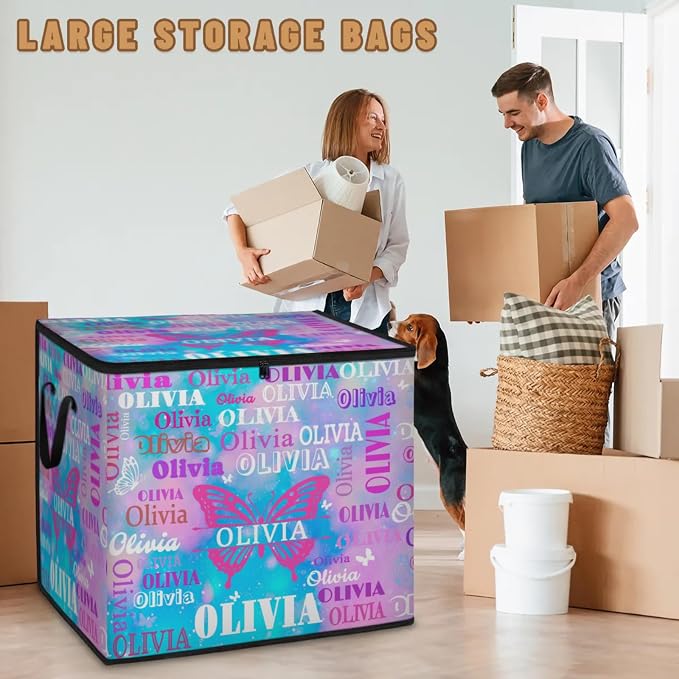 Custom Storage Baskets Cubes for Home with Name, Large Organizer Collapsible Storage Bins for Home Blanket Comforters Clothes Closet Nursery, Watercolor Pink Blue Galaxy with Butterflies