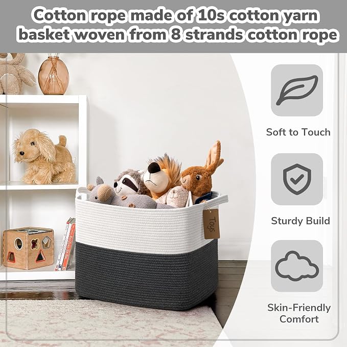 Goodpick 50L Large Woven Rope Storage Basket, Rectangle, Dark Gray | 18" × 14" × 12" Decorative Gift Basket for Living Room & Nursery Organization, Fits Blanket & Toy Storage, Writable Label