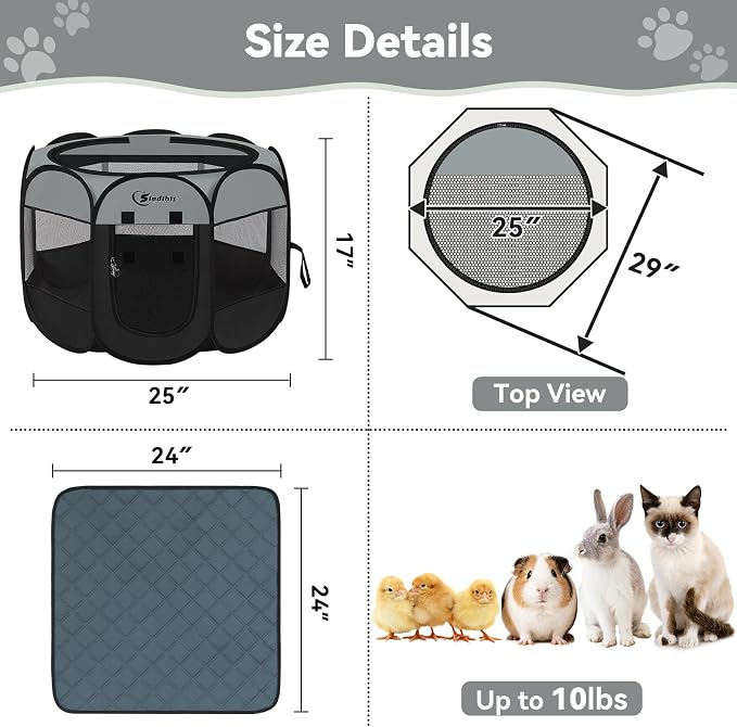 Siedihit Dog Cat Playpen with Washable Pee Pad, Puppy Pet Playpen | Indoor for Small Dog Crate Tent Cage Outdoor, Portable Pop Up Dogs Enclosure Kennel with Carrying Case,Dark Grey