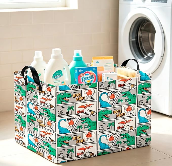 CLOCOR Rectangular Storage Bin,Waterproof Book Box,Room Decor(Comic Dinosaur)