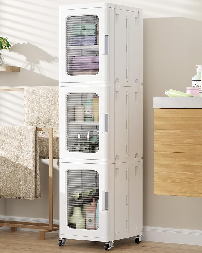 BROVIEW 3-Tier Tall Narrow Storage Cabinet Organizer, Slim Bathroom Cabinets with Adjustable Shelves and Doors, Plastic Kitchen Pantry Organizers and Storages for Small Space, Laundry, White