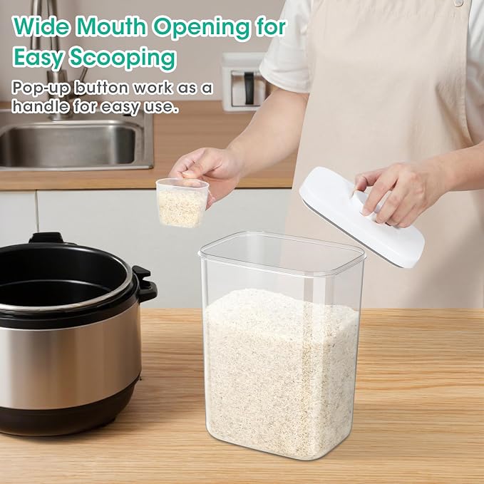 TBMax Large Airtight Food Container 6 Qt with Pop Up Lid & Measuring Cup for Rice, Flour, Cereal, Sugar, or Pet Food Storage, Rectangular Tall Food Storage Bin for Kitchen Pantry Organization