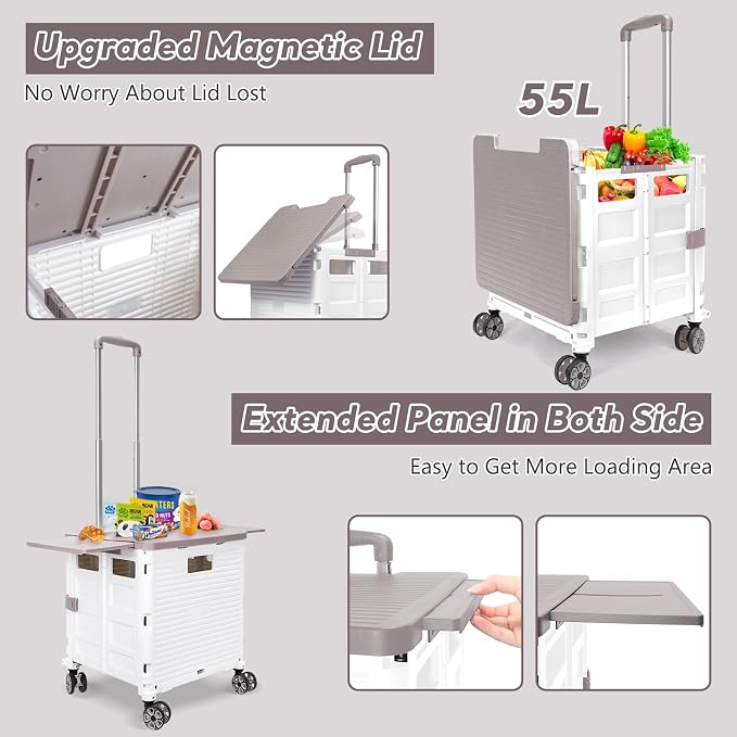 FELICON SELORSS Folding Utility Cart Portable Rolling Crate Handcart-White | Adjustable Handle+Extended Magnetic Lid,Storage Basket Box,4 Swivel Wheels Tote for Teacher Move Shop Travel Grocery Office