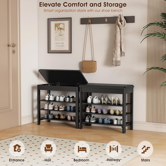 IUNVR Shoe Rack Bench Seat Rubberwood 3-Tier Wooden Storage Bench 550lbs Compact Mid-Century Modern Design for Entryway, Hallway, Closet, Front Door Entrance, Foyer
