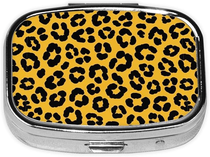 Pocket Pill Box Compact Metal Vitamin Organizer Leak-Proof Design Men Women Commute Essentials, Wild Animal Cheetah Leopard Print Yellow