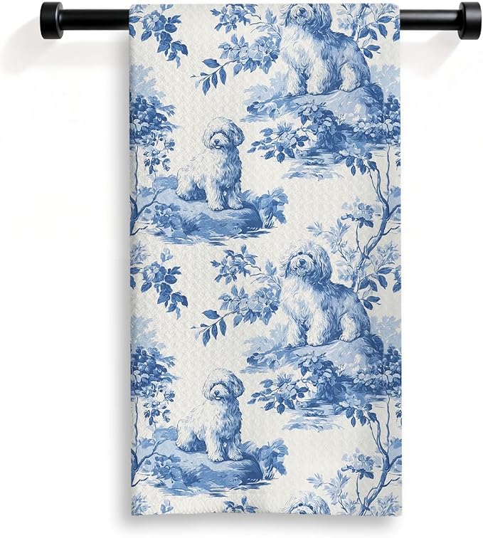 Bichon Frise Kitchen Dish Towels,Blue and White Floral Dog Towel Dish Tea Towels, Chinoiserie Decor for Kitchen Bathroom,Bichon Frise Gifts for Dog Lover Mom Dad,16x24 Inch