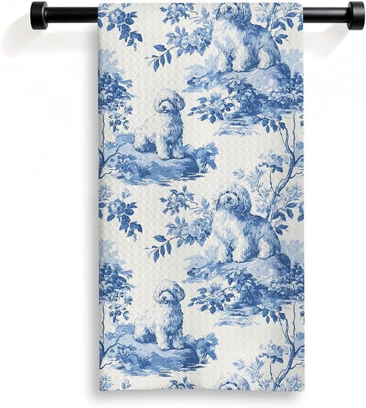 Bichon Frise Kitchen Dish Towels,Blue and White Floral Dog Towel Dish Tea Towels, Chinoiserie Decor for Kitchen Bathroom,Bichon Frise Gifts for Dog Lover Mom Dad,16x24 Inch