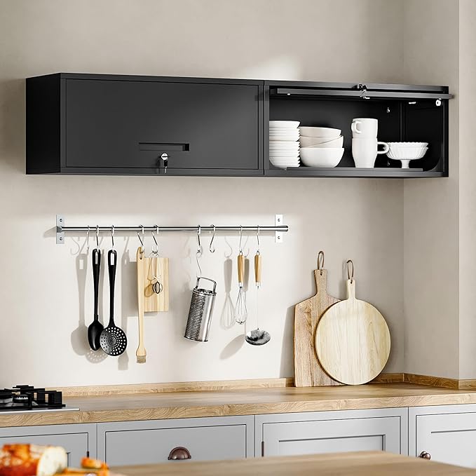Metal Garage Cabinet with Doors, Wall Mounted Storage Cabinet, Floating Tool Cabinet for Basement, Kitchen, Warehouse (Black, 13.7" H)