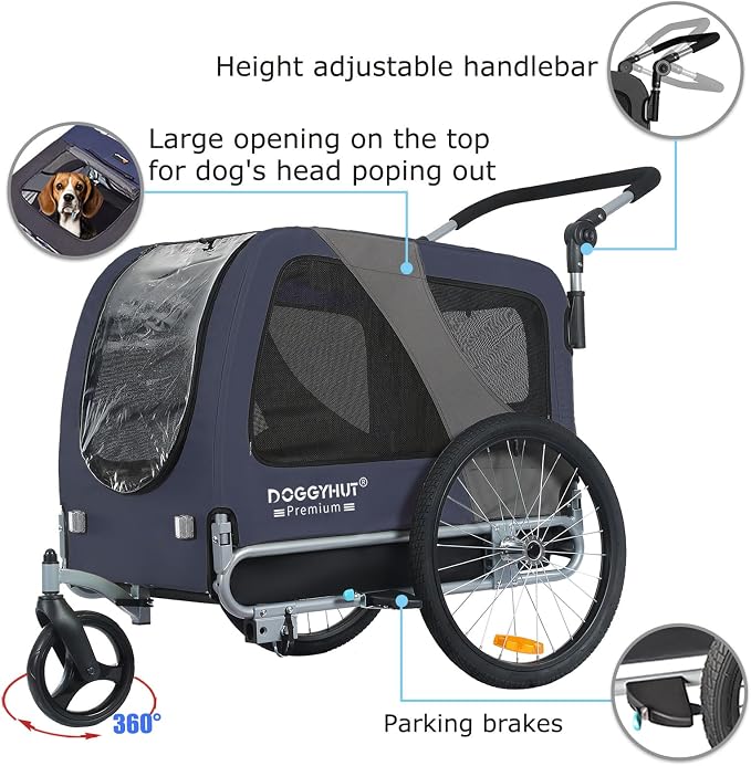 DOGGYHUT® Premium Large Pet Bike Trailer & Stroller Up to 77 lbs (Blue) | Bicycle Trailer for Small Medium or Large Dogs, Dog Bicycle Carrier, Low Center of Gravity, Folding Frame Cart