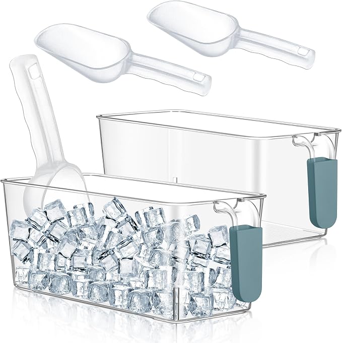 Havawish Ice Storage Bin and Flexible Scoop Set Plastic Freezer Bin | Freezer Ice Bin Scoop, Clear Bucket Container, Pull Handle, Flexible Storage, 10.83 X 4.92 X 4.33 in