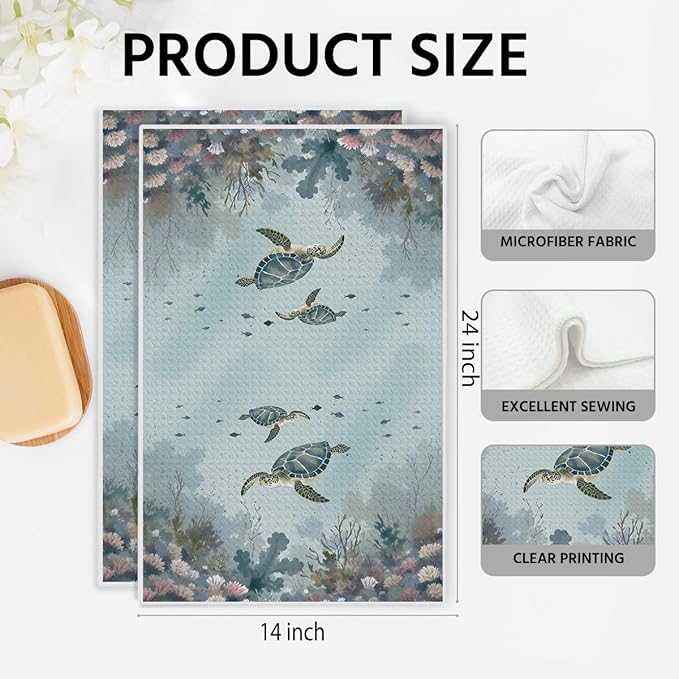 2PCS Vintage Octopus Sea Turtle Kitchen Towels 14x24 Inch, Absorbent Microfiber Decorative Dish Cloth Tea Towel, Ocean Theme Waffle Hand Towels for Kitchen Home Bathroom, Housewarming Gifts for Women