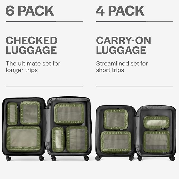 Compression Packing Cubes for Travel, 6-Pack, Olive | Solves overpacking, 6-Piece set fits most suitcases, 50% Space savings, Compression luggage organizer bags