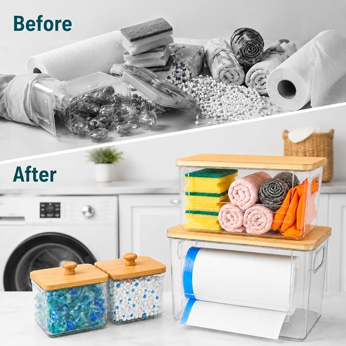 4 PACK Stackable Trash Bag Dispenser Organizer, Multi-Purpose Under Sink Garbage Bag Storage Holder for Kitchen Cabinet Pantry Laundry Room Grocery Plastic Bag Container Organizer