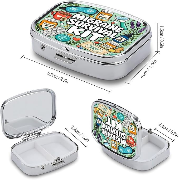 Colorful Migraine Survival Kit Illustration Two Compartment Pill Box Medicine Organizer, Portable Pill Case with Secure Snap Closure for Vitamins Medication Supplements Daily Use