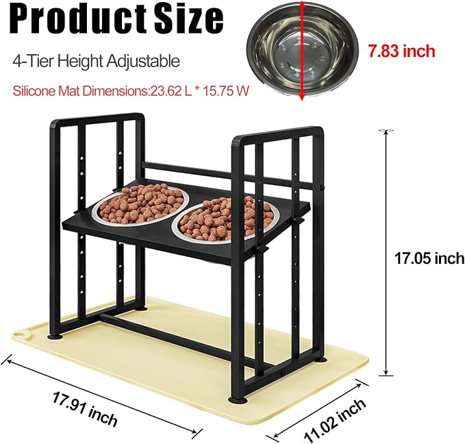 INGIORDAR Dog Bowls Elevated Height Adjustable Raised Dog Bowl Feeding Mat | Metal Pet Food Feeder Dish Station Non-Slip Dog Bowl Stand Stainless Steel Food Water Bowl