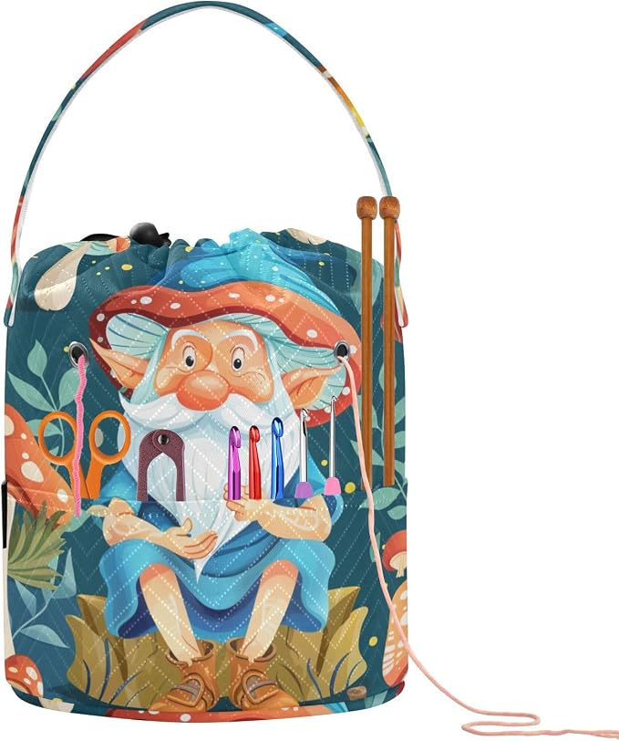 Fustylead Magical Gnome and Vibrant Mushroom Knitting Crochet Bag, Portable Large Yarn Storage Drawstring Basket Organizer for Crocheting Hooks, Project, Store Skein Ball, Short Knitting Needle