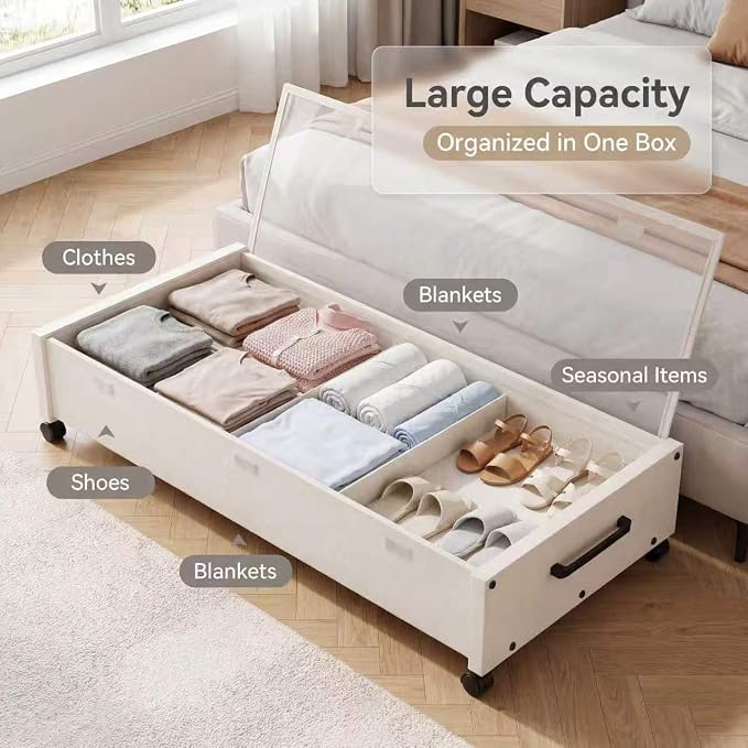 KITHELP Wooden Under Bed Storage with Wheels, Rolling Under the Bed Storage Bins with Removable Lid, Metal Under Bed Drawers for Clothes and Shoes in Bedroom or Living Room (White-2pack)