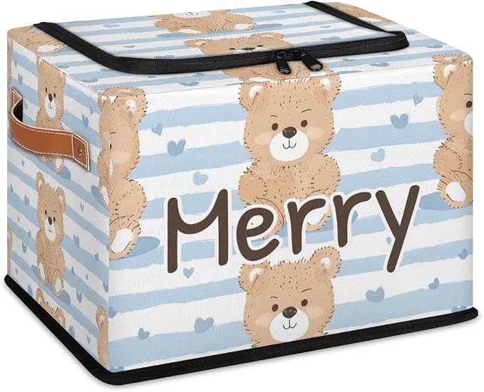 Custom Cute Bear Storage-Bin With Zipper Lid for Kids-Girls-Boys-Baby-Pet,Personalized Name Foldable Storage Box with Handle,Baby Basket With Label for Bedroom Nursery Toy Clothes,White Blue Stripe