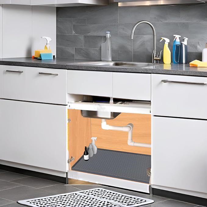 Under Sink Mat 22 x 22, Silicone Under Sink Liner for Kitchen Waterproof Bathroom Cabinet Mat, Grey