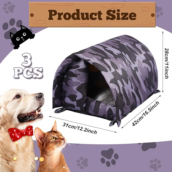 Doublefill 3 Pcs 16.5'' x 12'' x 11'' Cat Houses for Outdoor | Weatherproof Waterproof Rainproof, Cotton Padded Interior for Warmth, Tent Design, for Indoor Garden Patio Use