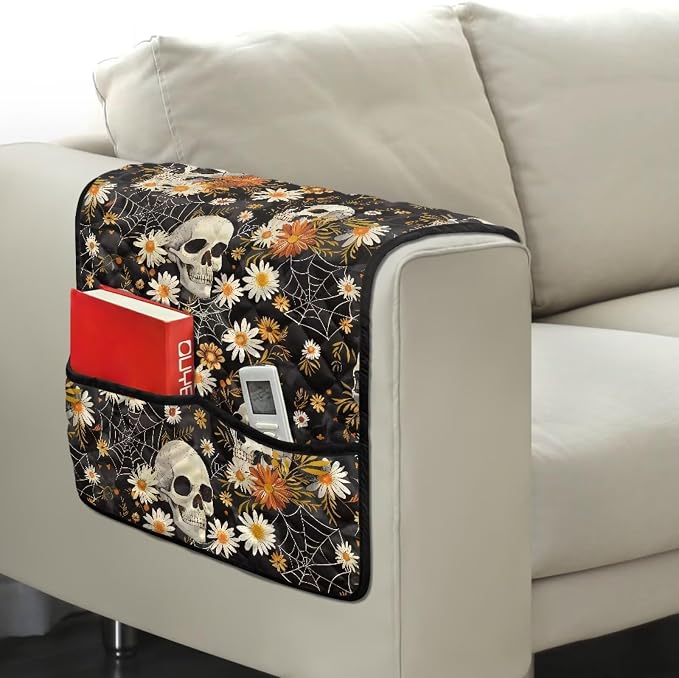 Skull Daisy Stretch Armrest Cover Couch Arm Covers Washable Sofa Chair Arm Covers with 2 Pockets Furniture Protector Armchair Slipcovers for Recliner Home Decor Sofa Arms Rest Cover
