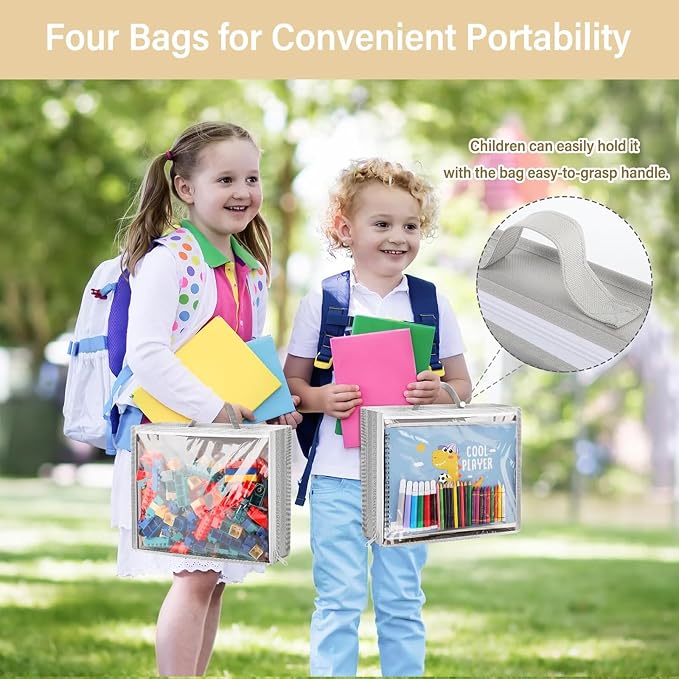 Over Door Toy Organizer, Hanging Stuffed Animal Storage with Removable Bags | Gray Toy Storage Case Behind Door for Block, Puzzle, Bi-Fold Closet Holder Idea with Mesh Pocket, Kid Boy Girl Nursery Room