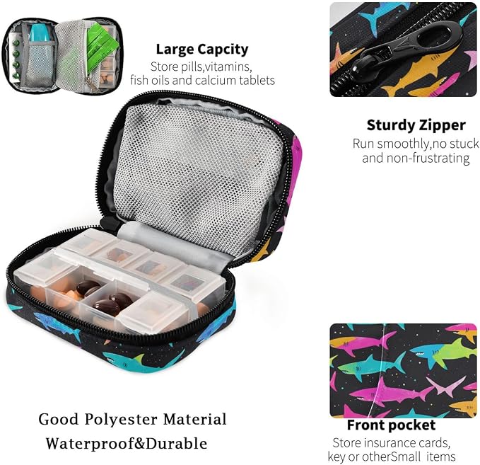 Fustylead Bright Color Shark Silhouette Design Travel Pill Organizer Case Zipper for Purse with Removable Weekly Pill Box for Medicine, Vitamin, Supplement Medicine Organizer
