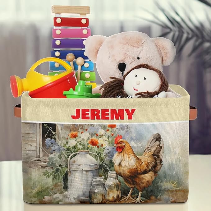 Custom Storage Baskets for Kids with Name, Large Foldable Organizer Collapsible Storage Bin with Leather Handle for Home Toys Closet Nursery, Farmhouse Hen Countryside