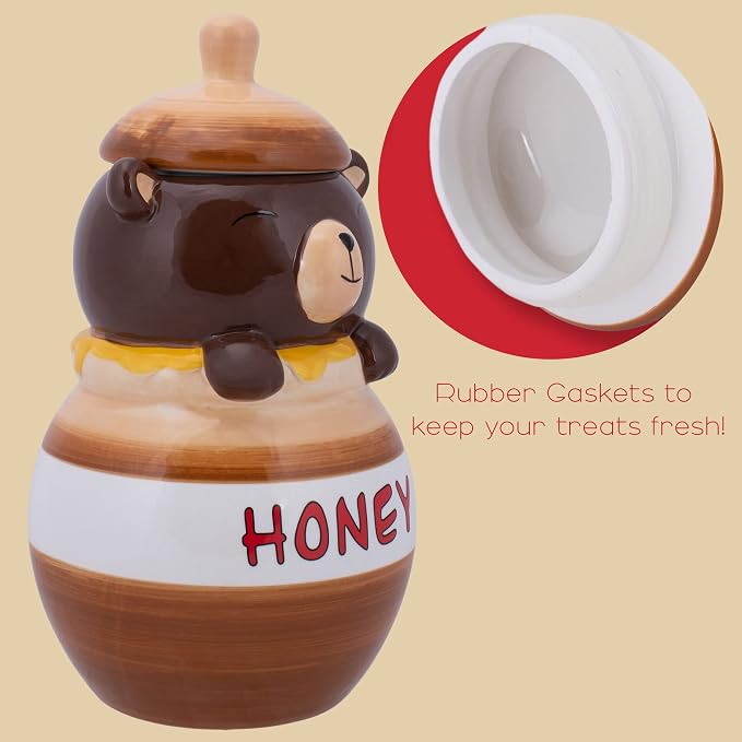 Dolomite Ceramic 11.1 x 6.3 Everyday Cookie & Candy Jar with Airtight Lid: Perfect for Kitchen Canisters, Pet Treat Containers & Decorative Storage, Smiling Brown Bear in Honey Jar