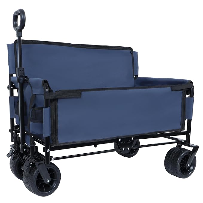 3-in-1 Pet Wagon Stroller with Bench Seat & Storage – Portable Travel Carrier for Dogs & Cats, 500Lbs Heavy-Duty Foldable Cart with All-Terrain Wheels for Camping, Park & Outdoor Use (Blue)