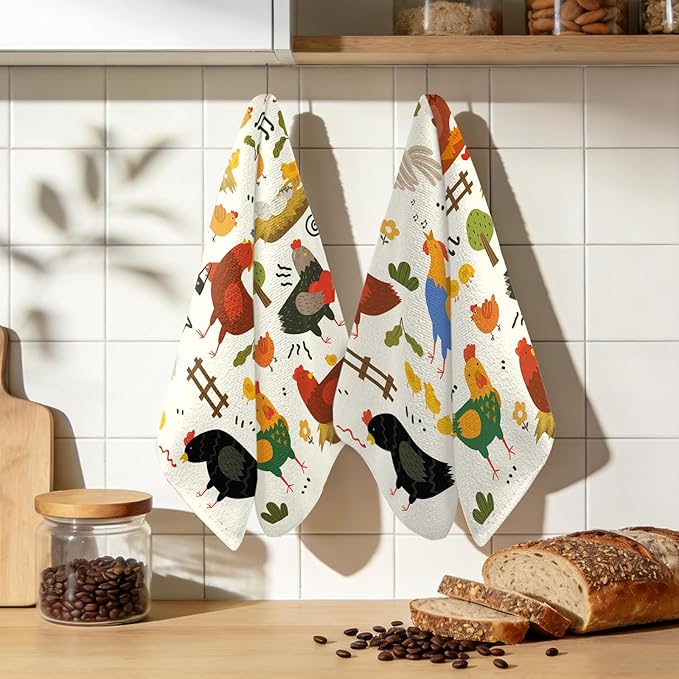Chicken Kitchen Towels, 2 Pcs Chicken Dish Towels, Rooster Dish Towels for Kitchen Drying Absorbent, Rooster Dish Towel Decor Dishcloths Funny Cute Housewarming Gifts for Women
