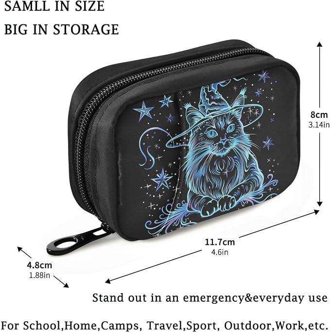 Fustylead Halloween Mystic Blue Cat Wear Witch Hat and Stars Pill Organizer Case with Zipper 2 Times A Day for Vitamin and Supplement, 7 Day Travel Organizer Medicine Case