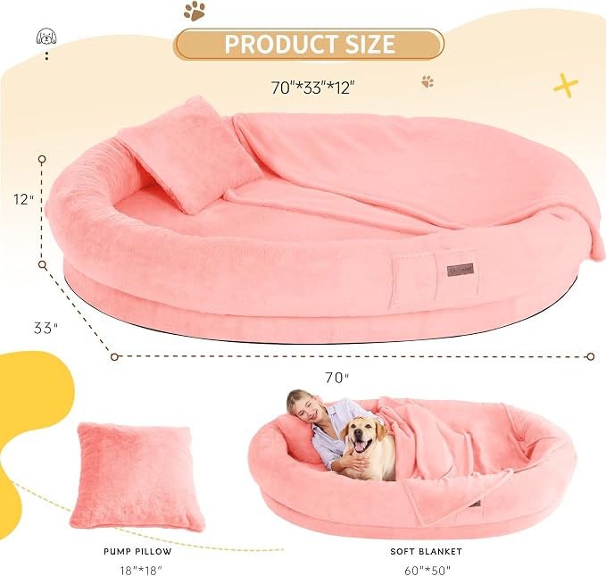 Fvkind Human Sized Dog Beds for People, Human Dog Bed, 70"x33"x12", Pink | Cozy Human Size Dog Bed for Adults and Pets, Thick Orthopedic Egg Crate Foam, Faux Fur Cover, Blanket and Pillow Included