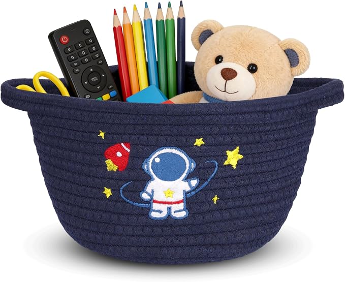 Space Storage Basket, Cotton Rope Woven Basket with Handle Small Laundry Basket Organizer for Baby Shower, Cat Dog Toy Basket, 9"x9"x5" Baskets for Organizing
