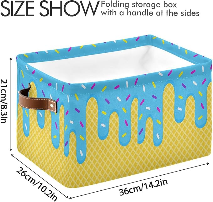 Wamika Ice Cream Drip Baseball Storage Basket with Waterproof Liner and PU Handles Blue Candy Storage Bins Boxes 14.2" Collapsible Decorative Organizer Baskets for Bedroom Closet Office 2 Pack