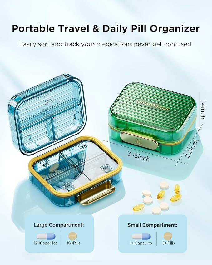 Acedada Small Pill Box, Travel Pill Case, Pill Container for Purse, Blue | Moistureproof 7 Compartments Daily Pill Container, Portable Medicine Vitamin Holder Organizer for Supplements Fish Oils