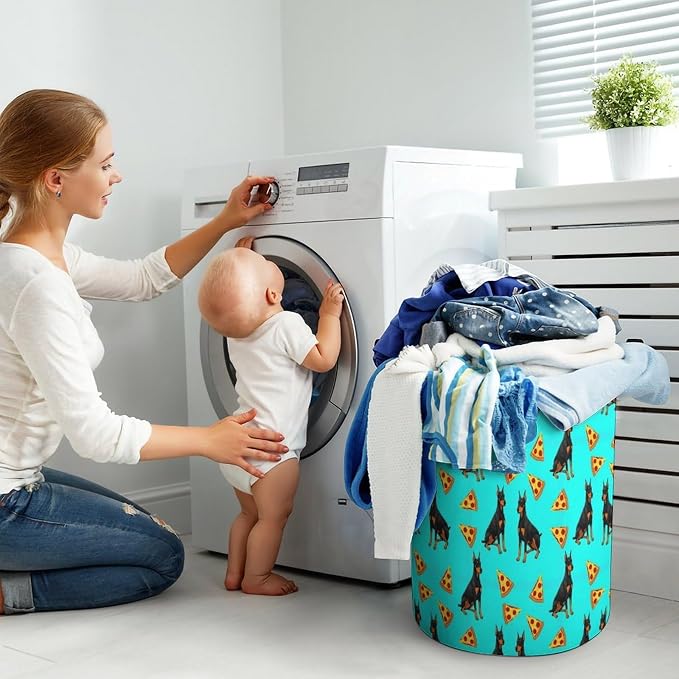 Foldable Clothes Hamper with Handles Doberman Pinscher Turquoise Pizza, Waterproof Laundry Basket for Bedroom, Bathroom, and Toy Storage Needs