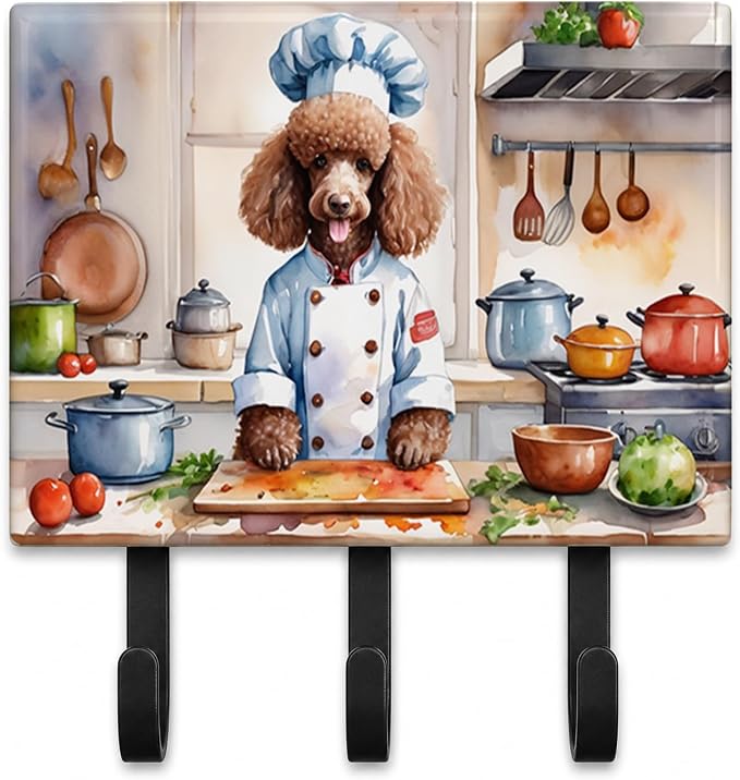Caroline's Treasures Chocolate Poodle The Chef Leash or Key Holder Wall Hooks, Key Hooks Holder, Coat Rack Wall Mount, Coat Hooks, Hooks for Hanging Keys, Towels, Aprons, Leashes | Chocolate Poodle The Chef artwork on ceramic tile with three steel hook...