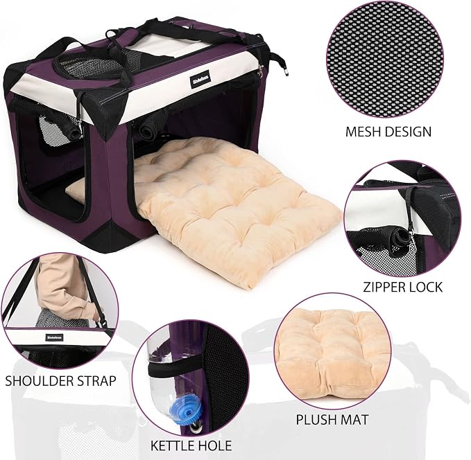 Large Cat Carrier, Collapsible Dog Travel Crate Portable Soft-Sided Pet Carrier with Super Soft Warm Plush Mat for Indoor and Outdoor 24x16x16in,Purple