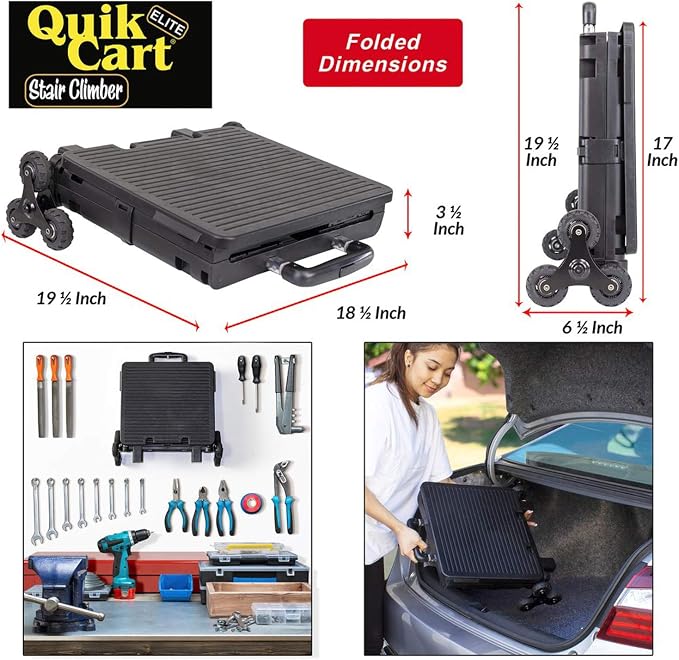dbest Products Quik Cart Elite Stair Climber Rolling Crate - Black | Collapsible, with Wheels, 120 lbs Capacity, Heavy Duty, Telescoping Handle, Folding Utility Cart with Seat