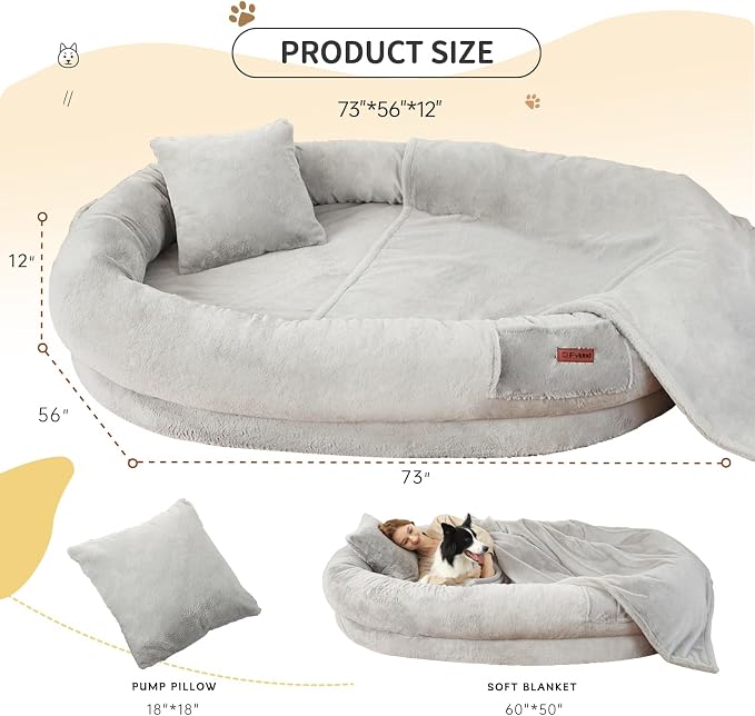 Fvkind Human Size Dog Bed, Adult Dog Bed for Humans, 73"x56"x12", Grey | Oversized Adult Dog Bed with Washable Faux Fur Cover, Orthopedic Thick Egg Crate Foam, Comfortable Sleep Large Human Dog Bed