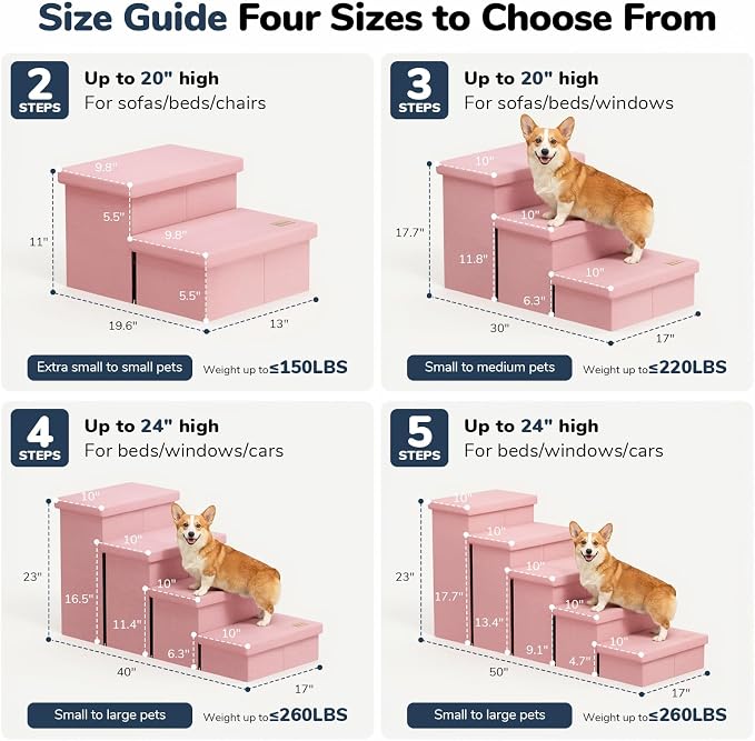 3-Step Wide Dog Stairs with Hidden Storage 18" H, Non-Slip Dog Steps for High Bed Couch Window Car, Jiont-Friendly Pet Stairs Ramp for Small/Medium/Large Old Dogs Cats Up to 200lbs, Pink