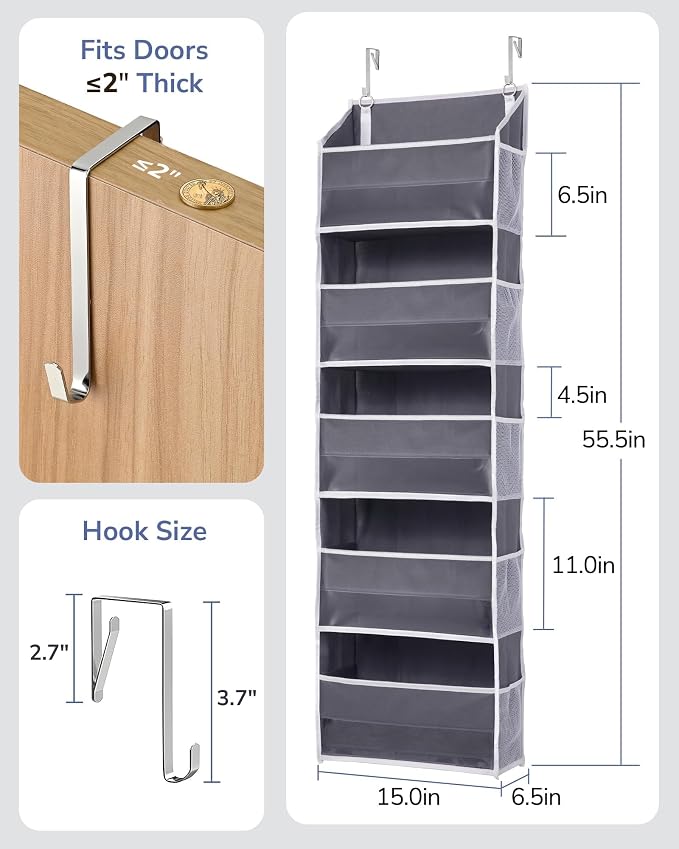 ULG 1 Pack Over Door Organizer with 5 Large and 10 Mesh Side Pockets, 44 lbs Weight Capacity Hanging Storage with Clear Window Kids Toys, Shoes, Diapers, Dark Grey, 5 Layers