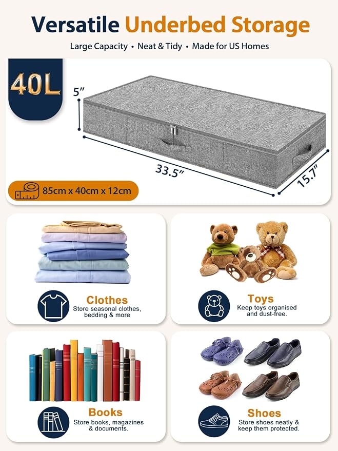 5-In Low Profile Under Bed Storage, Rigid Structure, 2 Pack, Gray | 5" Tall Design, Rigid Sides & Bottom, Reinforced Handles, Foldable Organizer, Limited Clearance, Couches, Cribs, Dorm Beds